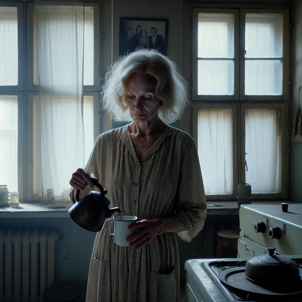 «Серёжа, ну что же ты так рано-то...» — тихо шепнула вдова, дрожащими руками обнимая чашку с теплым чаем на фоне пустоты дома